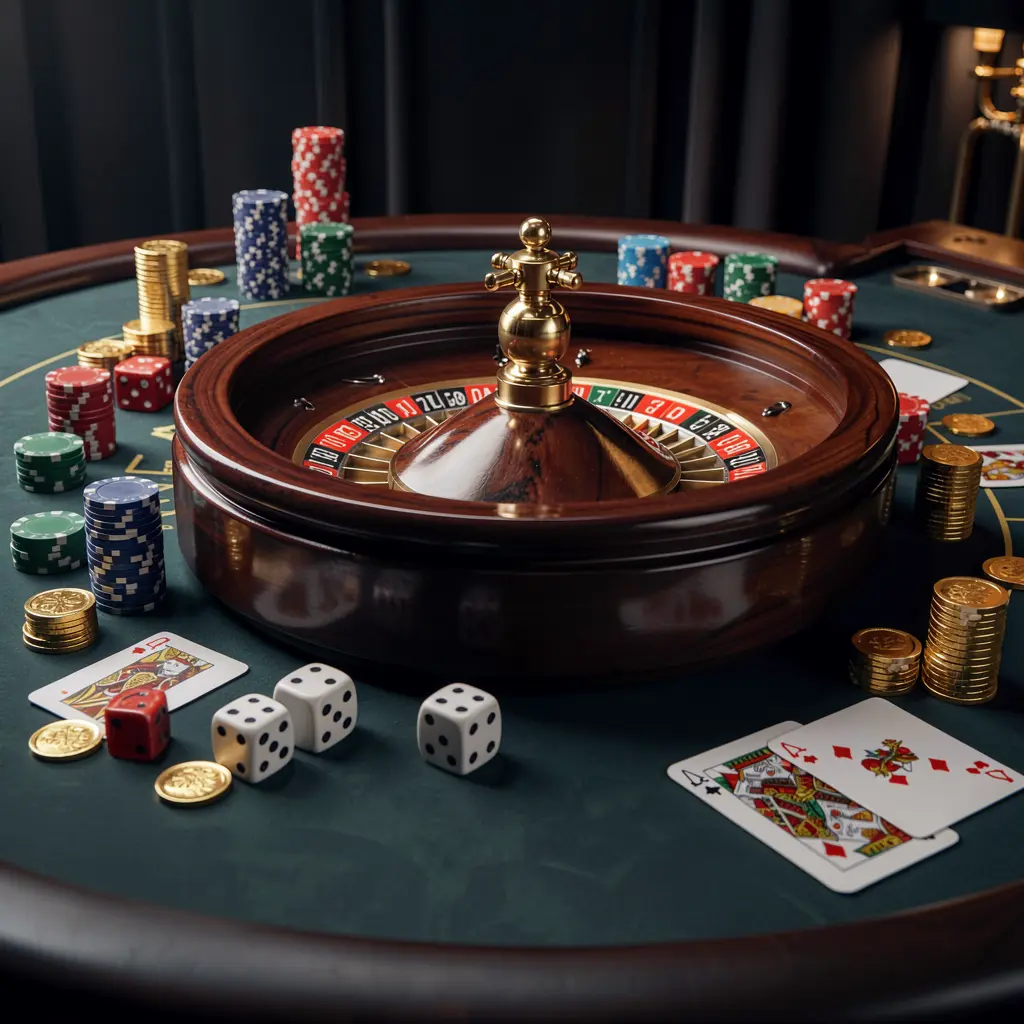 Premium casino homepage scene featuring a spinning roulette wheel on a glossy table with poker chips, dice, cards, and golden coins against an elegant dark background with cinematic lighting, showcasing PPP1's responsible gaming environment